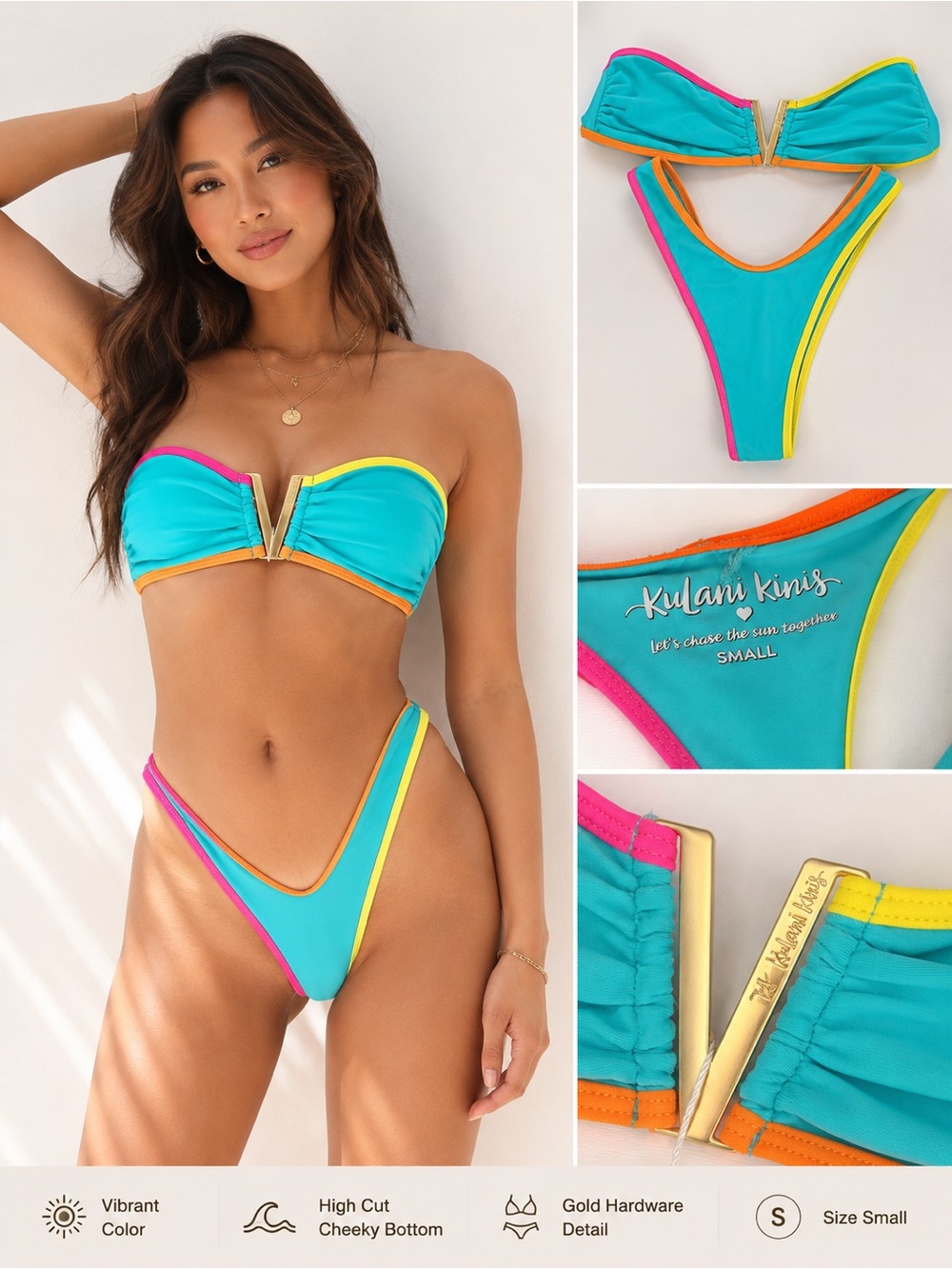 Kylani Kinis Turquoise Colorblock Strapless Bikini